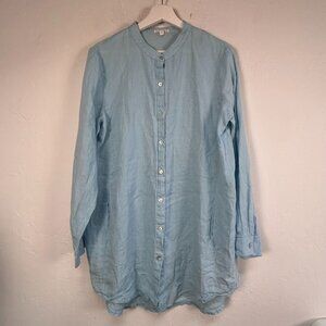 Eileen Fisher Womens Blue Organic Linen Long Sleeve Button-Up Tunic Top Medium
